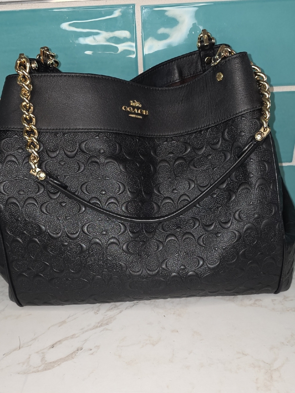 Coach Black Embossed Leather Shoulder Bag with Gold Chain